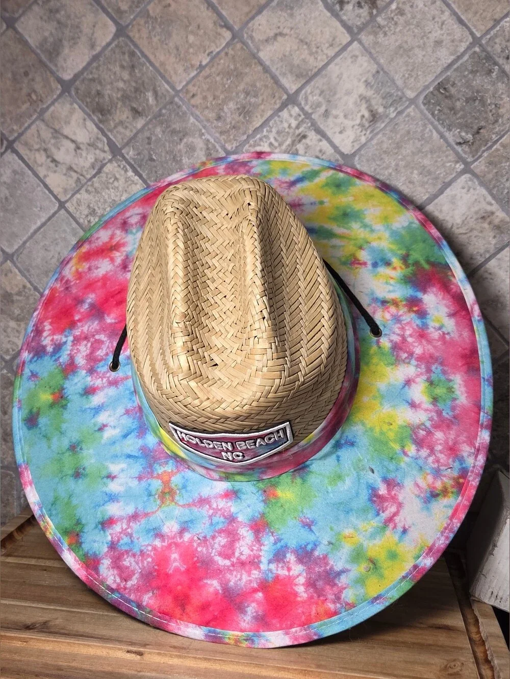 Holden Beach N. C. Lucky 7 Wide Brim Straw Sun Hat - Tie-Dye Brim One Size Adult